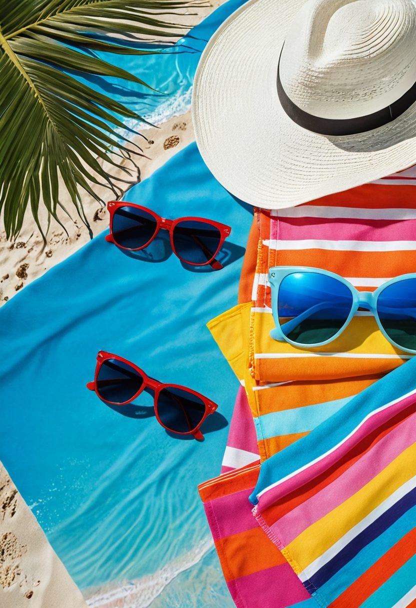 A sun-soaked beach scene featuring an array of vibrant bikinis displayed on colorful beach towels. Include stylish beach accessories like sunglasses, sunhats, and tropical drinks. The background showcases clear blue skies and gentle waves, evoking a perfect summer vibe. Make the colors bright and cheerful, capturing the essence of summer fashion and fun. vibrant colors. super-realistic. 3D.