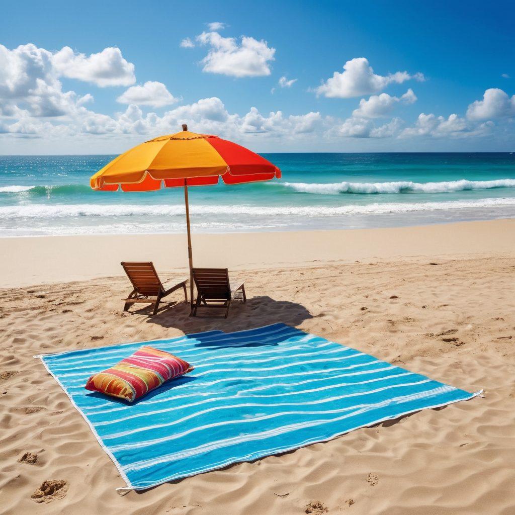 A vibrant summer scene featuring a beach umbrella, colorful beach towels, stylish sunglasses, and a variety of beachwear laid out on soft sand. In the background, a sparkling ocean and clear blue skies with a few fluffy clouds, showcasing people enjoying different beach activities like playing volleyball and building sandcastles. The overall vibe is fun and lively, inviting the viewer to imagine their perfect beach day. vibrant colors. super-realistic.